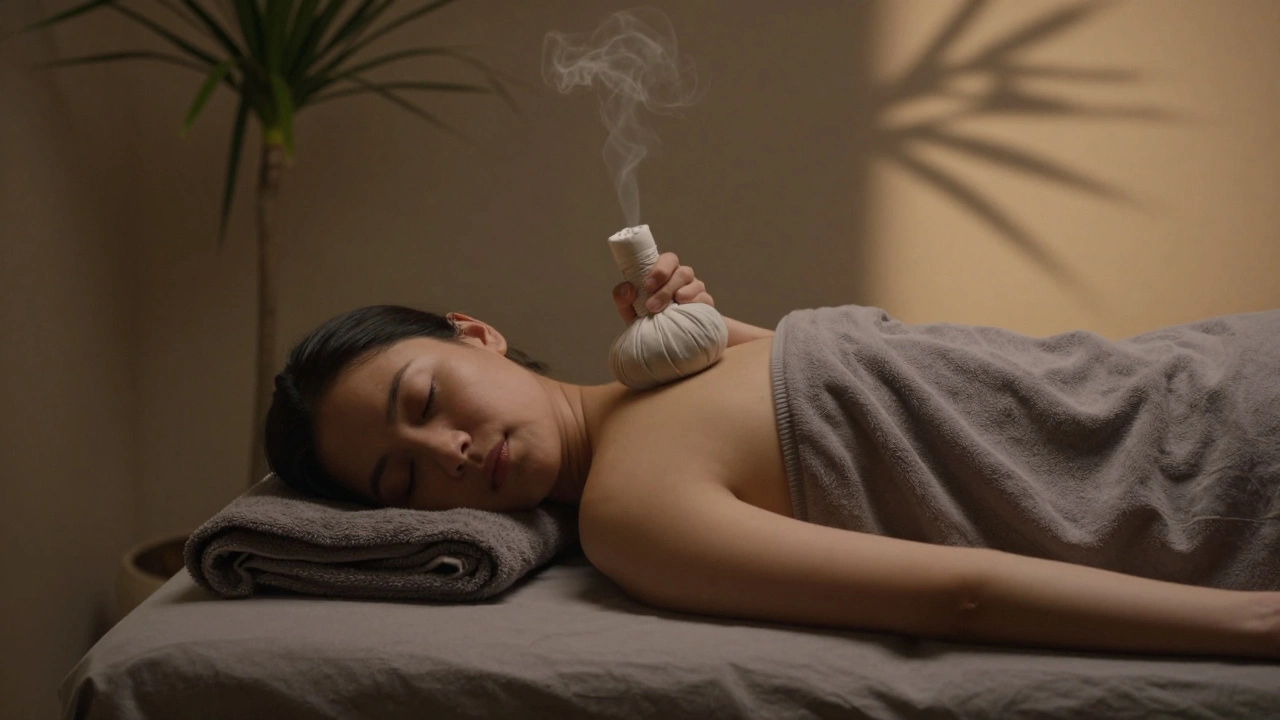 Client allongé en détente, avec un sachet d'herbes chaudes sur l'épaule.