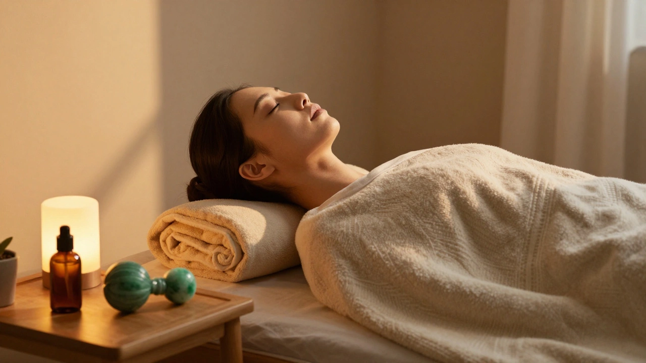 Client allongé, enveloppé dans une couverture, dans une lumière tamisée apaisante.