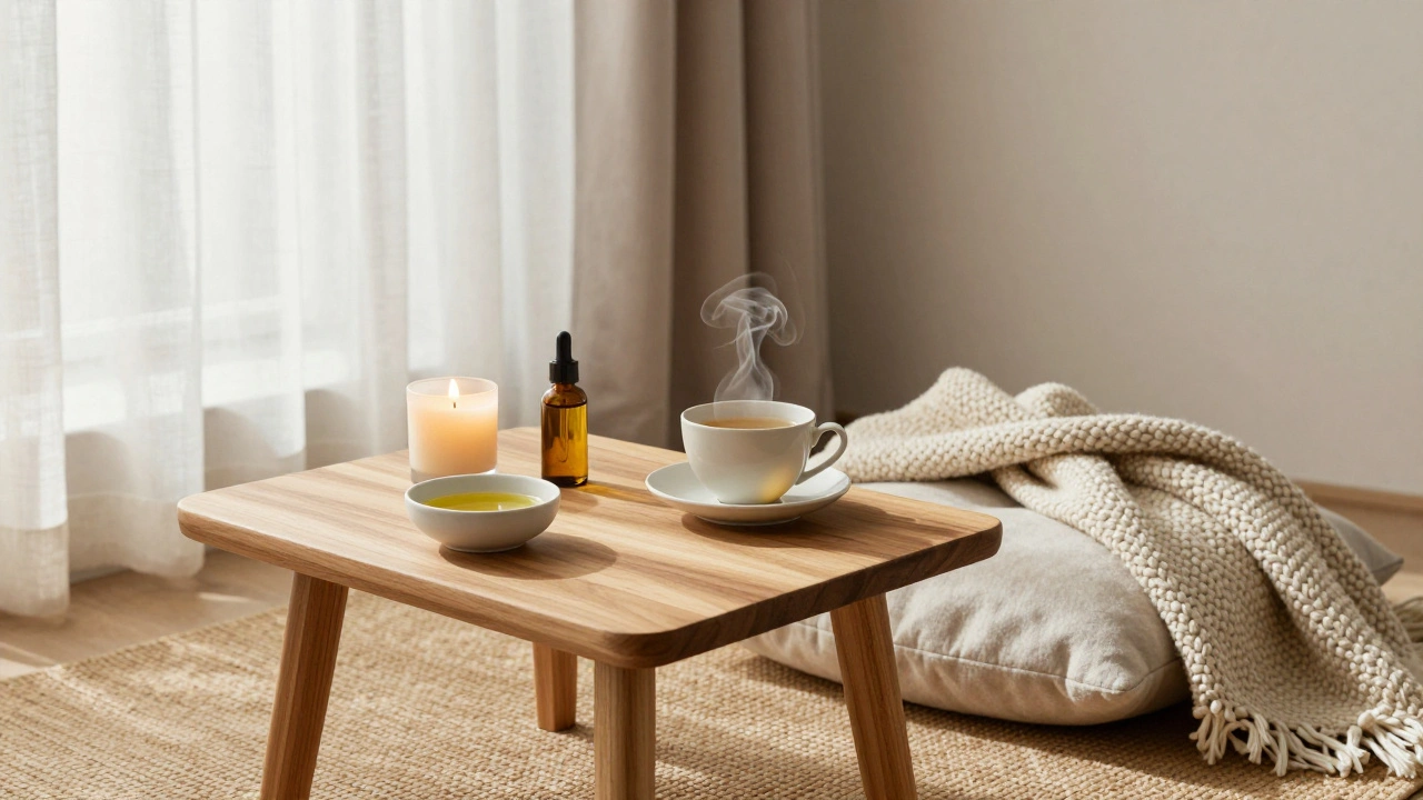 Coin bien-être à la maison : bougie, huile, couverture douce et tasse de thé dans un intérieur calme.