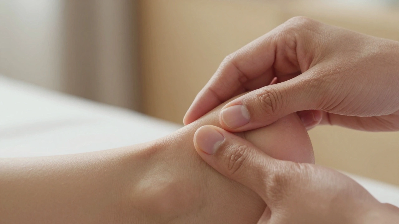 Des doigts exécutent un mouvement circulaire ultra-doux sur la cheville, sans huile, en pleine précision.