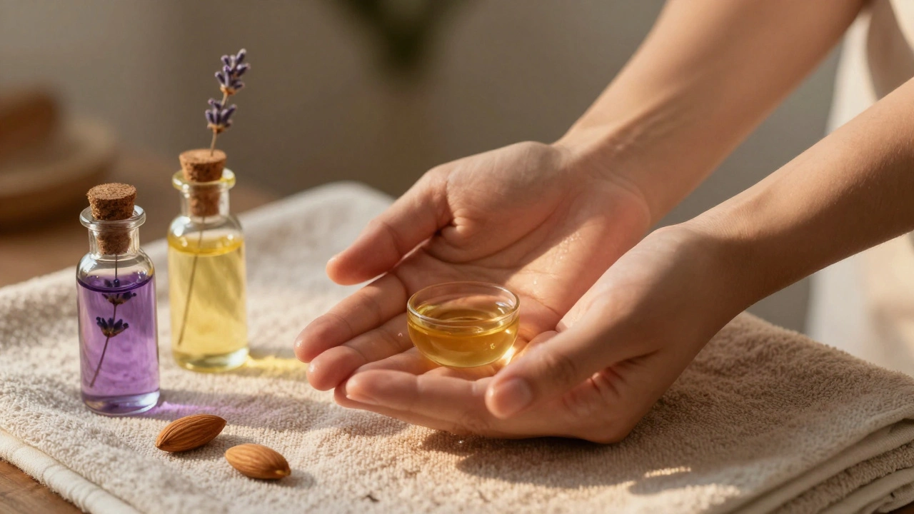 Des mains qui réchauffent des huiles naturelles, avec des flacons d'huile d'amande, de coco et de lavande à côté.