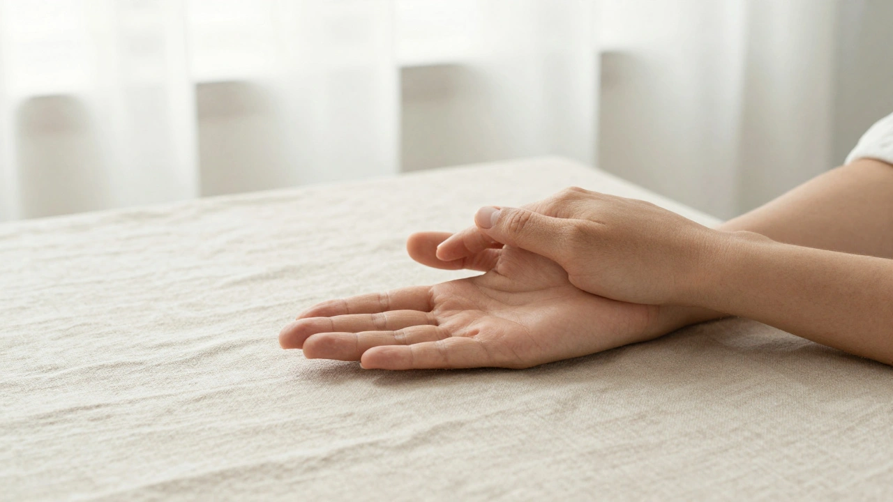 Deux mains entrelacées sur une couverture en lin, symbole de connexion apaisante.