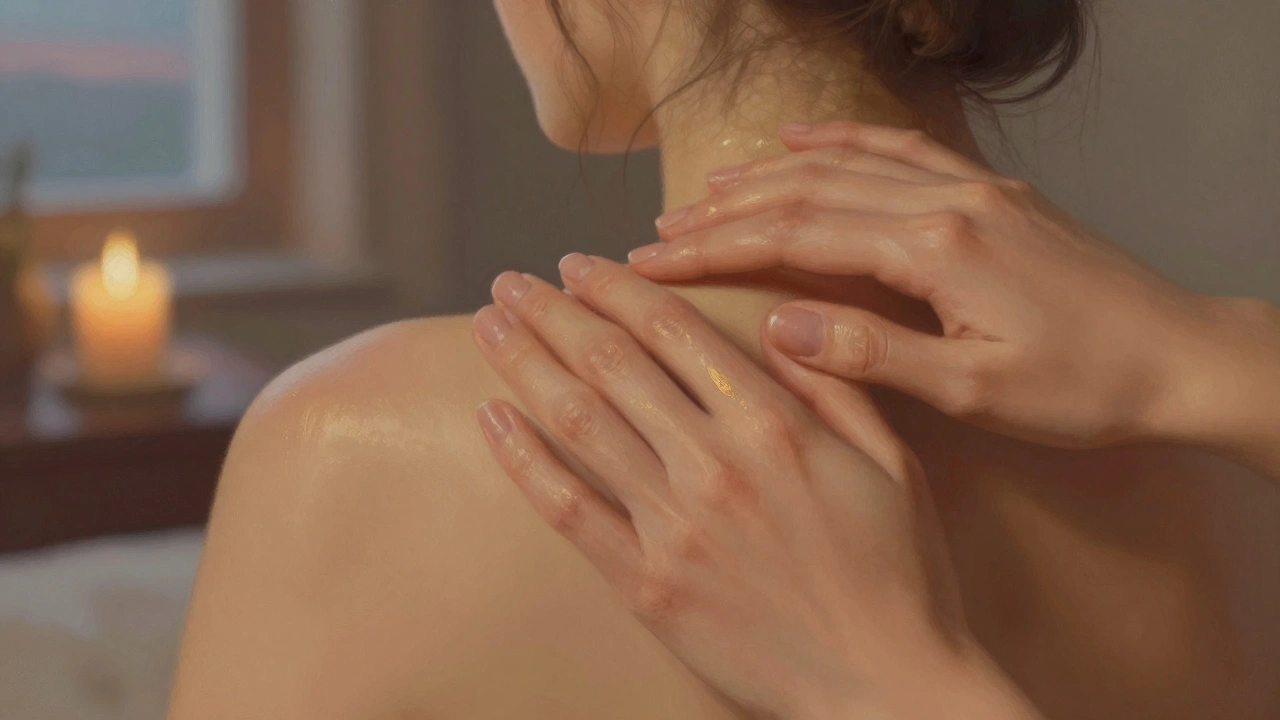 Deux mains glissant avec douceur sur une épaule, huile brillante, ambiance chaleureuse et apaisante.