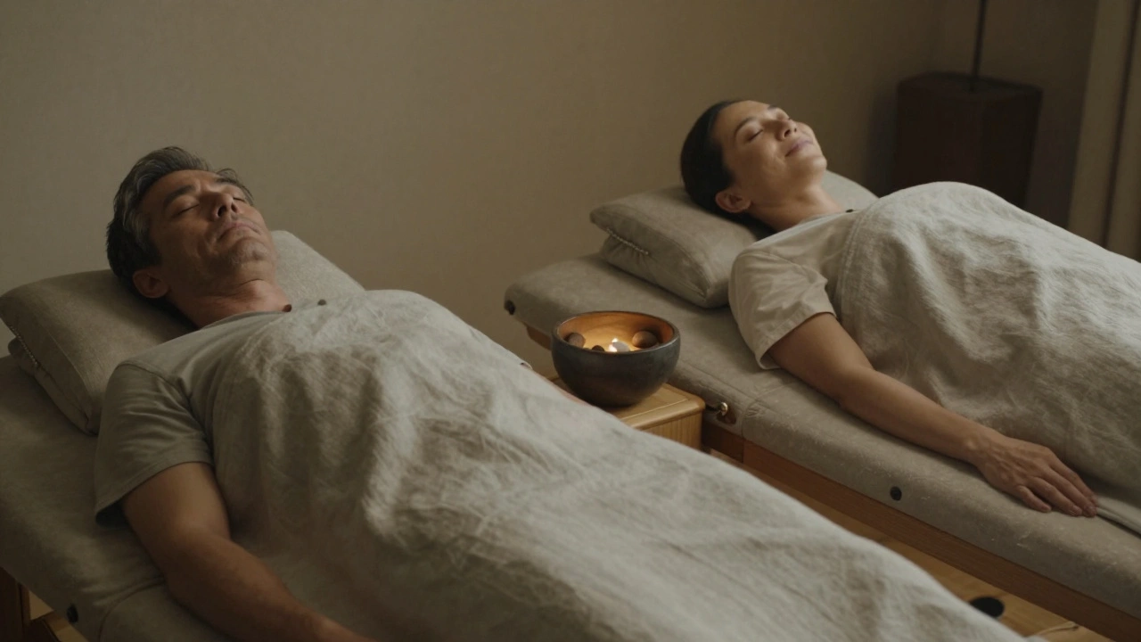 Deux personnes allongées côte à côte en massage, couvertures en lin, pierres chaudes entre elles, calme profond.