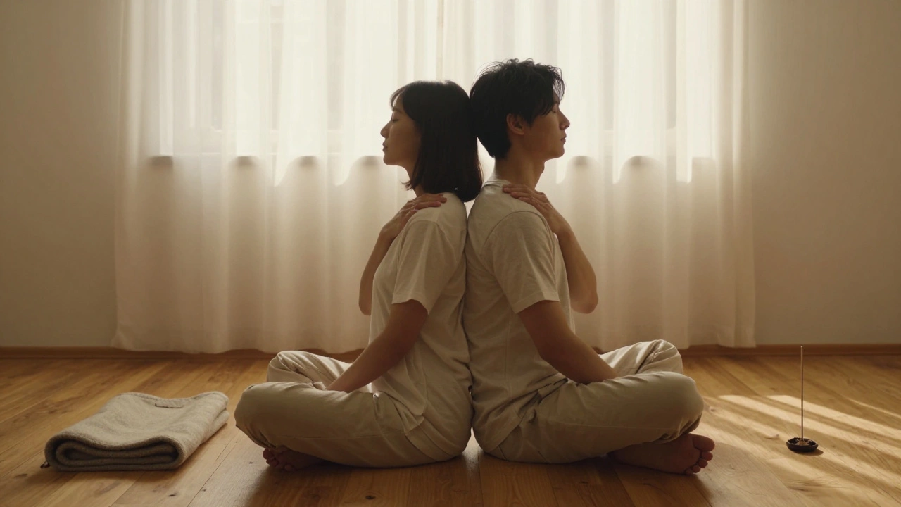 Deux personnes assises dos à dos, mains sur les épaules, yeux fermés, dans un espace calme.