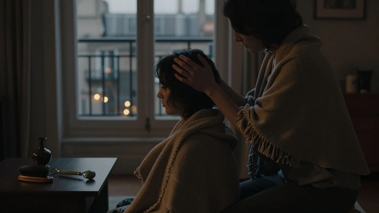 Deux silhouettes dans un appartement calme, l'une massant la tête de l'autre avec tendresse au crépuscule.