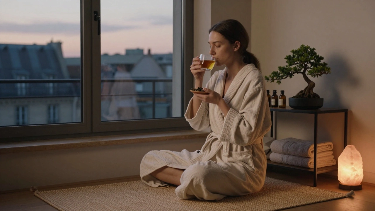 Femme en robe de chambre buvant une tisane dans un coin paisible du salon au crépuscule.