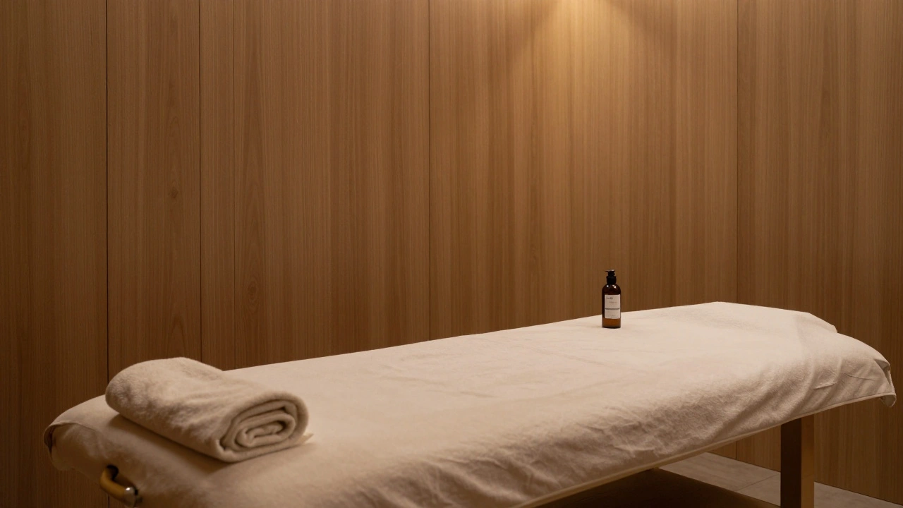 Intérieur d'un salon de massage parisien sobre, avec bois clair et huiles naturelles en évidence.