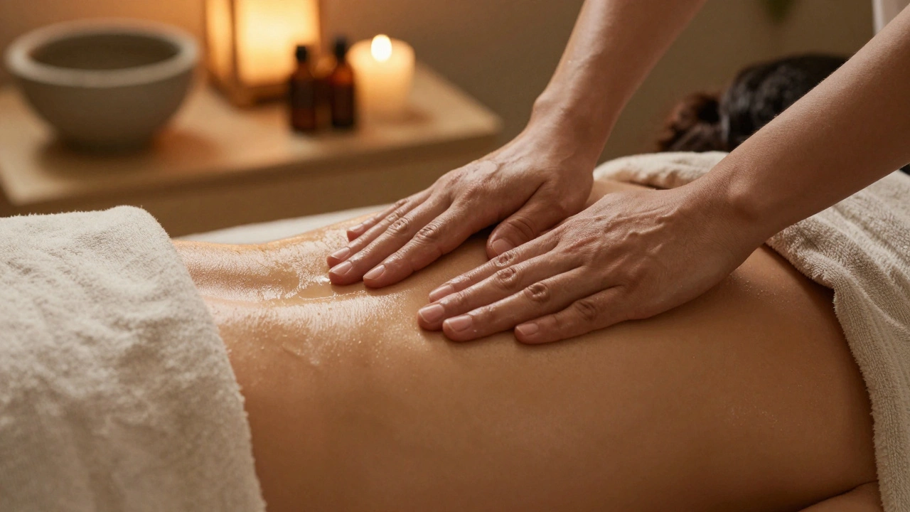 Main de masseur travaillant doucement sur l'épaule dans un espace calme et chaleureux.