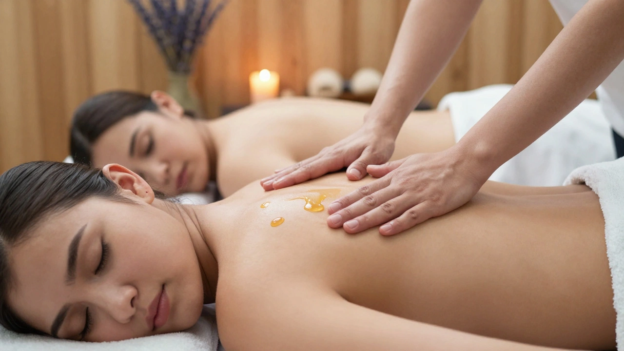 Mains d'un masseur appliquant de l'huile sur le dos de deux personnes en détente, dans un cadre apaisant.