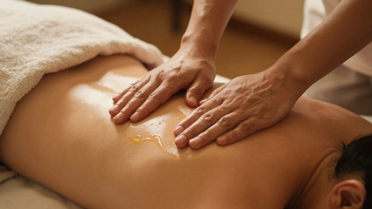 Mains massant doucement le dos d'une personne, avec de l'huile qui luit légèrement sur la peau.