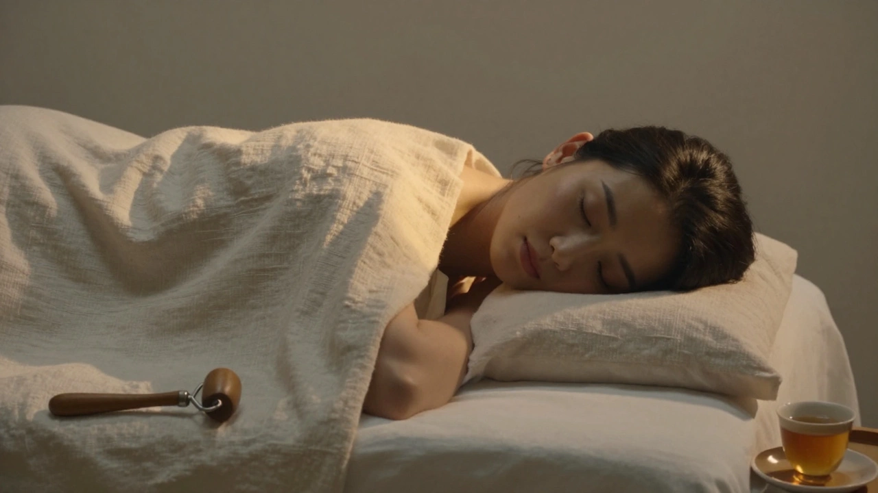 Personne allongée, couverte d'une couverture, en paix après un massage chinois.