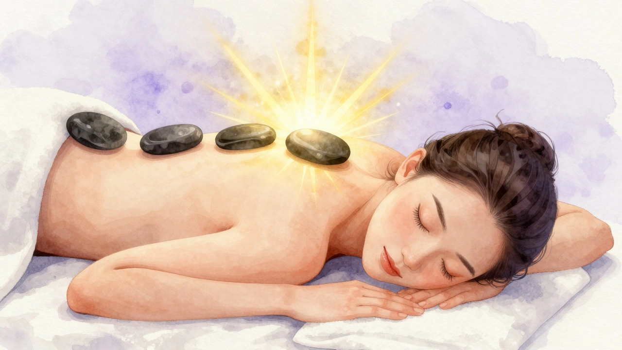 Personne détendue après massage aux pierres chaudes, expression paisible, lumière dorée