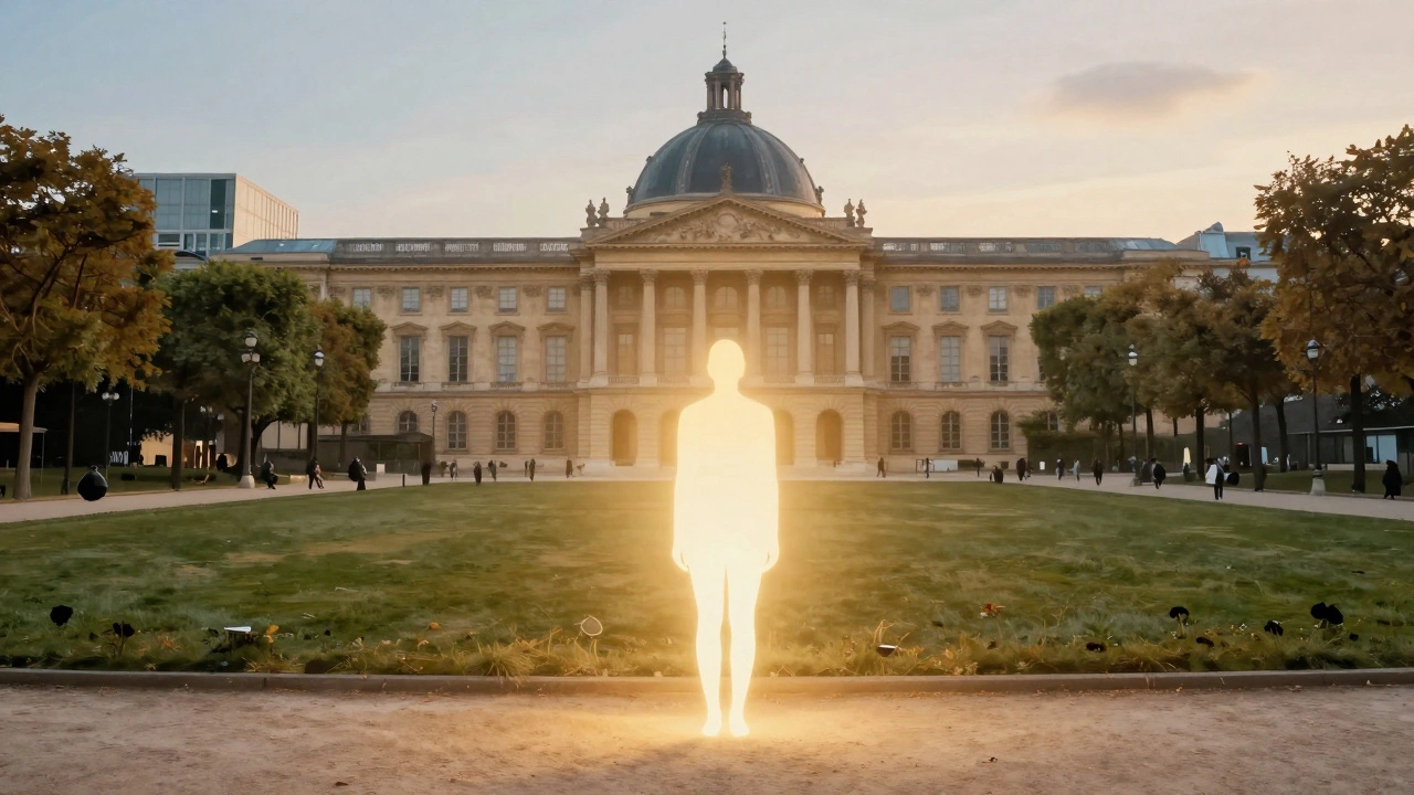 Personne rayonnante devant la Bibliothèque nationale, symbole de revitalisation après massage.