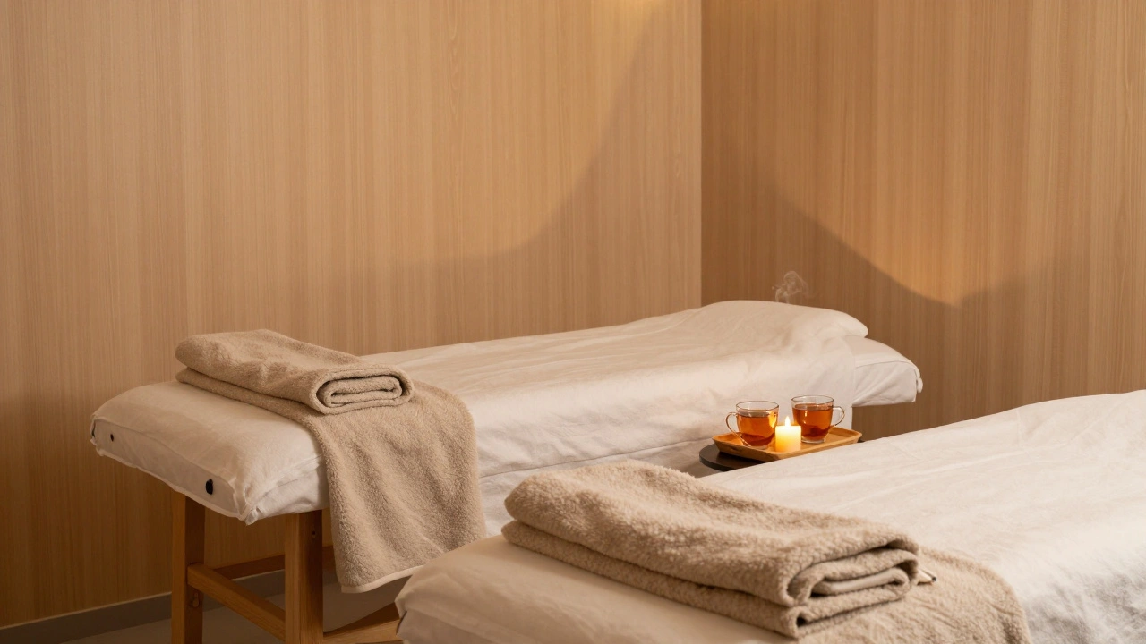 Plateau de thé et couvertures pliées dans une salle de massage parisienne, après une séance de duo.