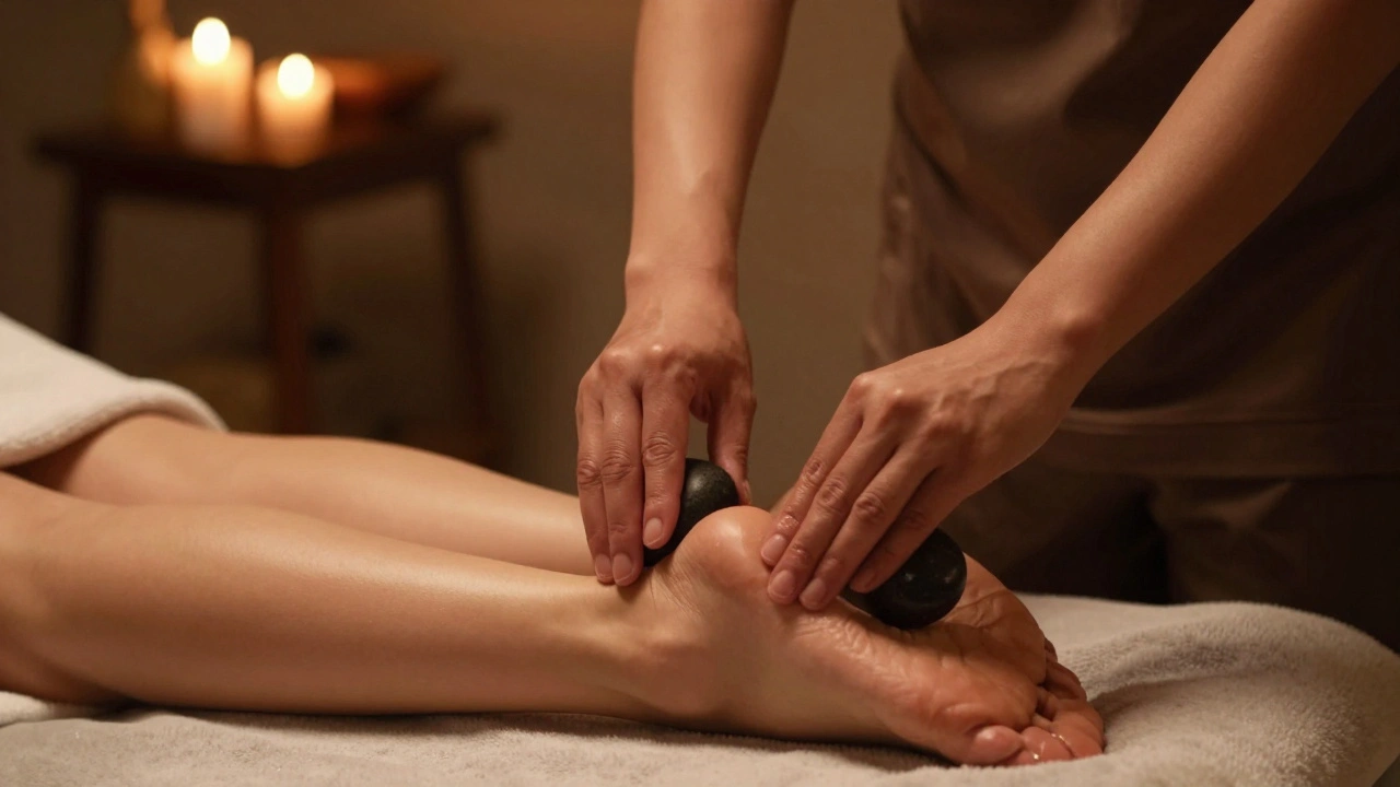 Praticien appliquant des pierres chaudes sur les pieds d'un client dans un spa apaisant