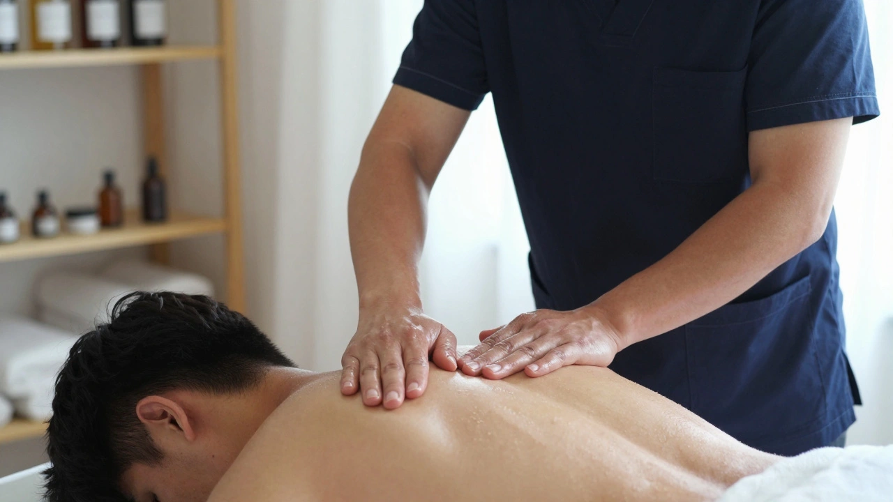 Praticien en train de masser les épaules d'un homme, mains en mouvement et huile légèrement brillante.
