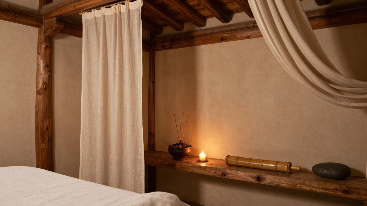 Salle de massage chinois à Paris avec bois naturel, bougies et herbes chauffées.
