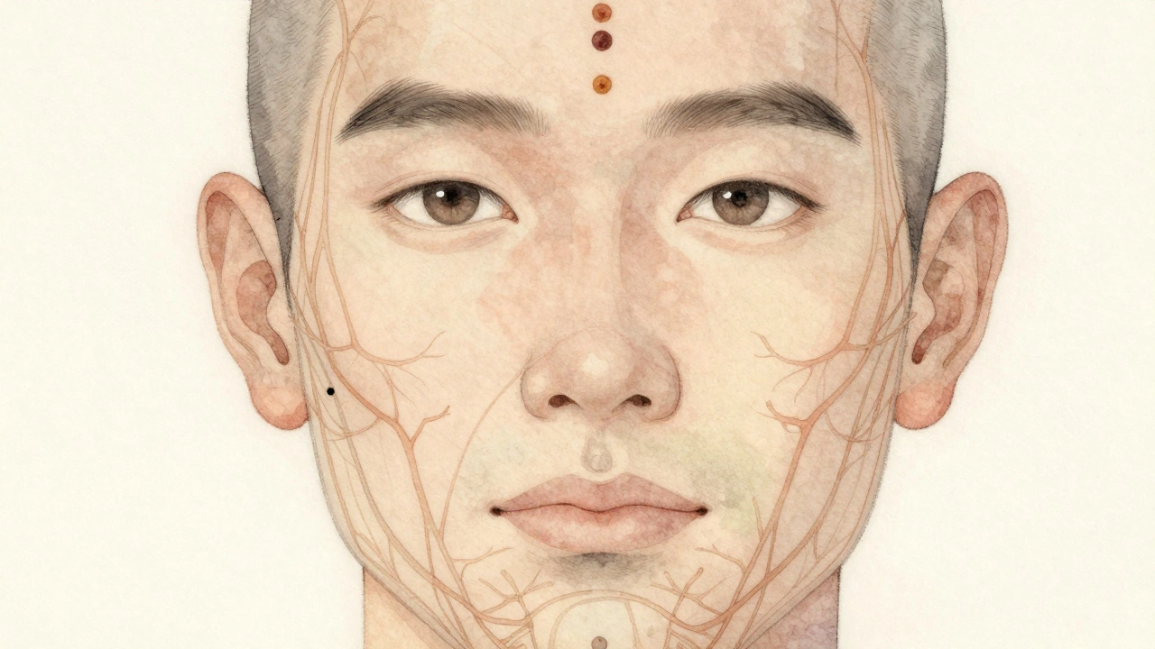 Schéma délicat des voies lymphatiques du visage, dessiné en aquarelle.