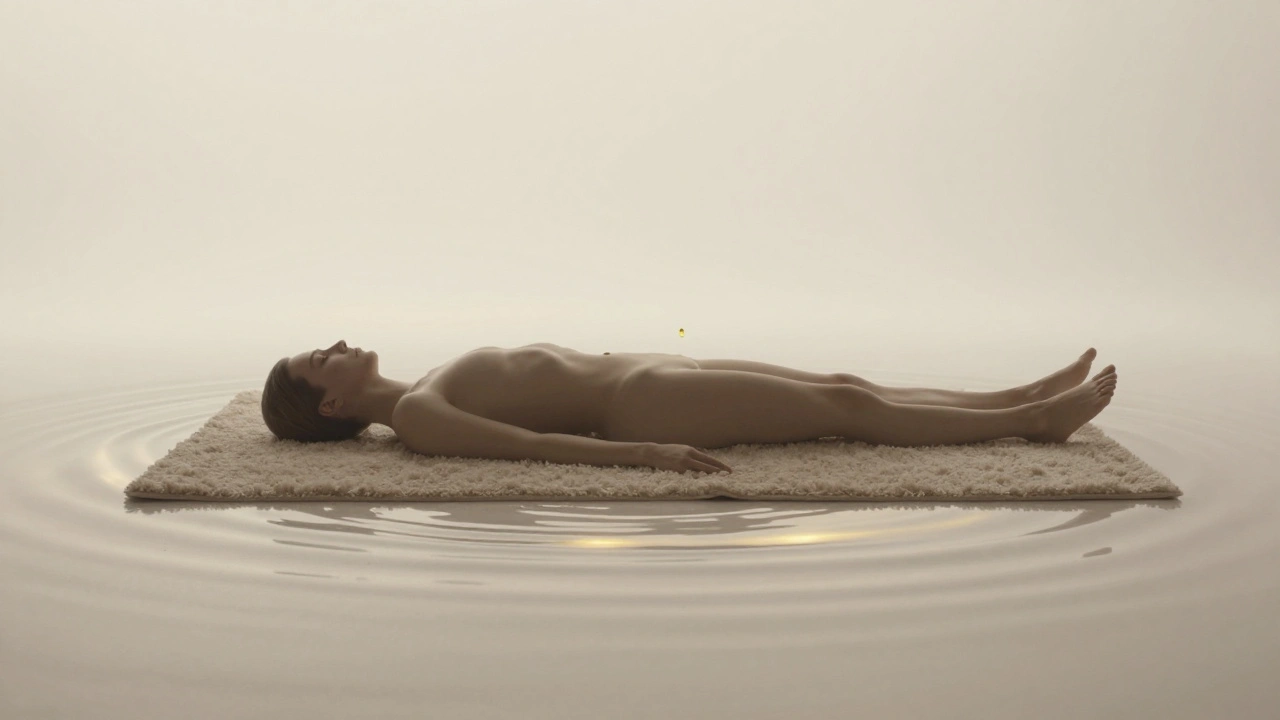 Silhouette d'une personne en relaxation, entourée de cercles de lumière douce, symbole de paix intérieure.