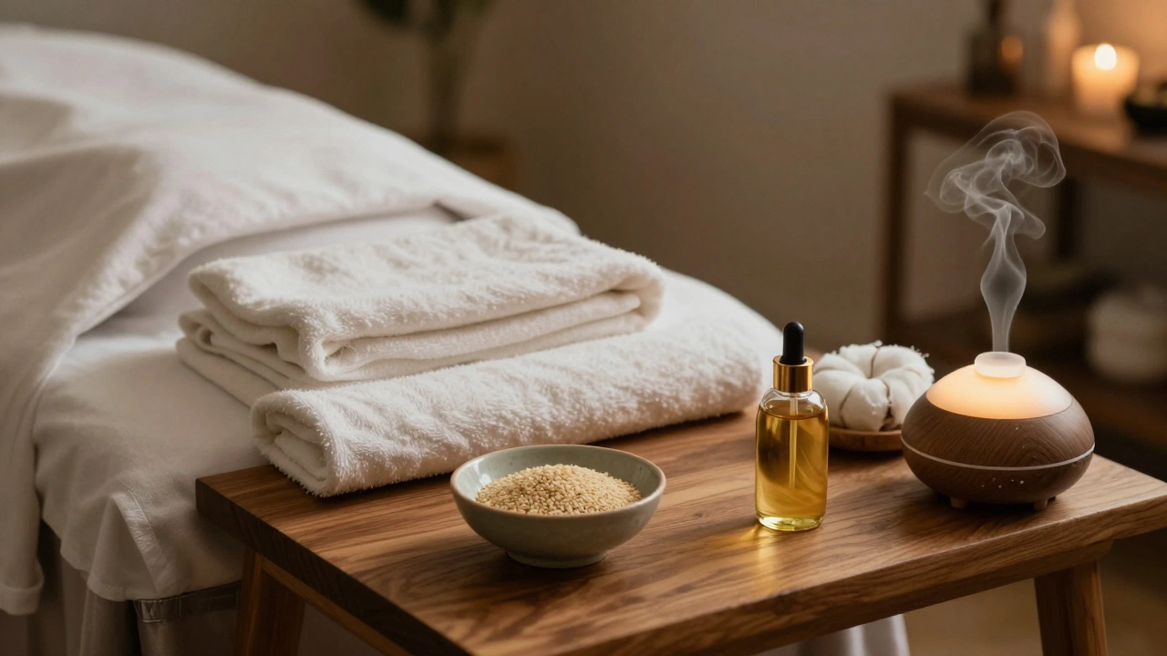 Un atelier calme à Paris avec des huiles naturelles et des serviettes en lin.