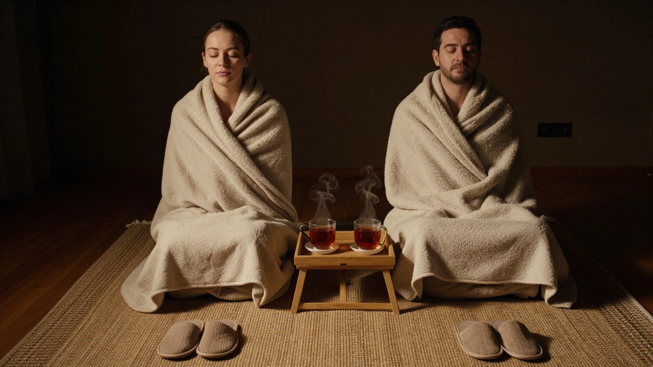 Un couple assis en silence après un massage, enveloppé dans des couvertures, avec deux tasses de thé fumant.
