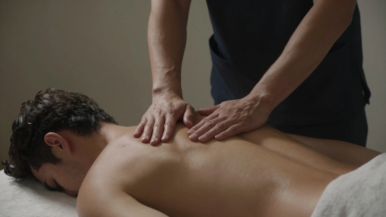 Un massothérapeute travaille sur les épaules d'un client avec des mouvements précis et professionnels.