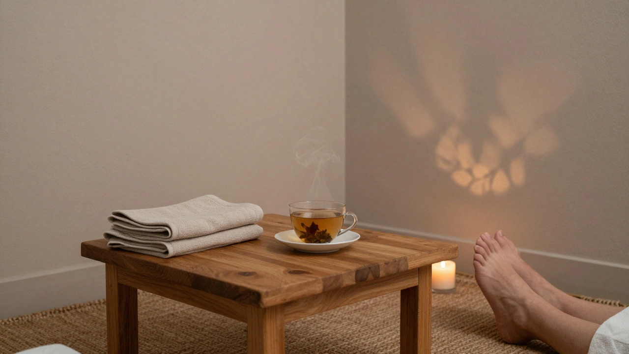 Un petit espace de massage à Paris 13 avec une bougie, une tisane et des rideaux en lin.