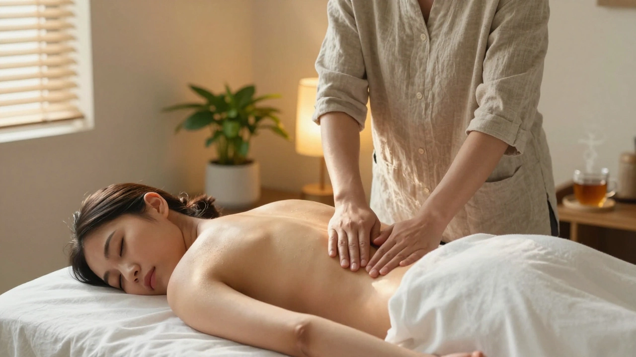 Un praticien masse le dos d'une femme détendue, dans une pièce paisible avec lumière tamisée et tasse de thé.