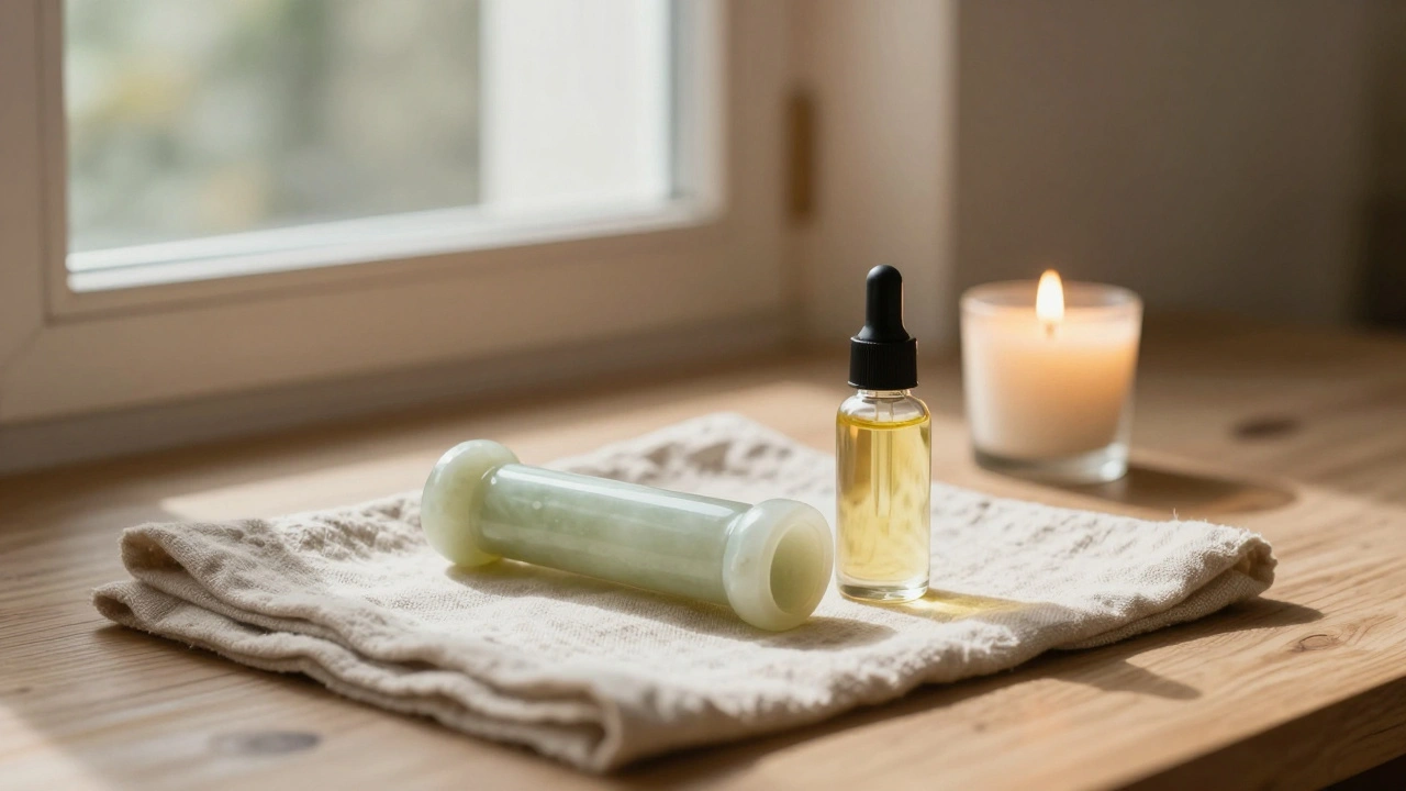 Un rouleau en jade et une huile végétale posés sur un tissu de lin, près d'une bougie allumée, ambiance minimaliste.