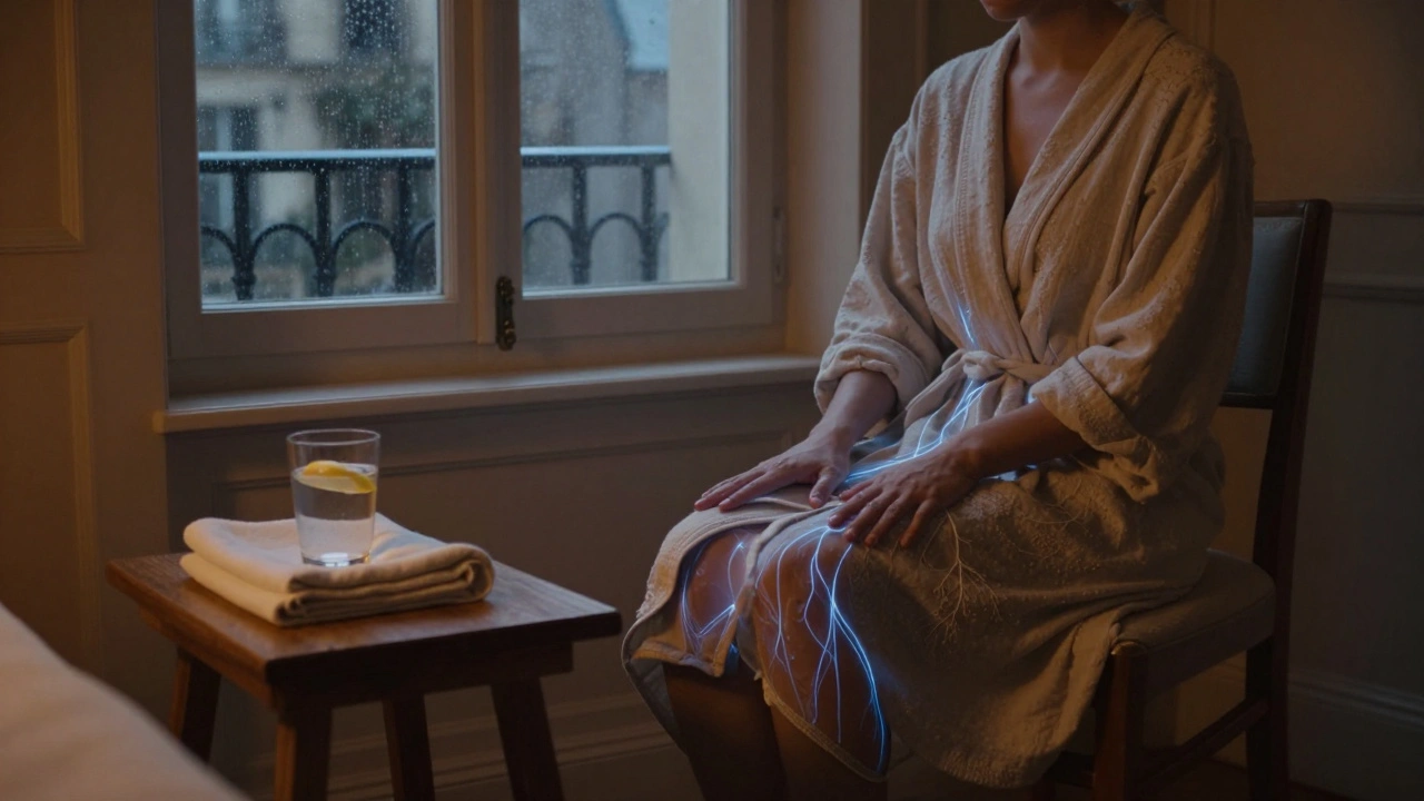 Un salon de massage lymphatique à Paris : lumière douce, bouteille d'eau, rideaux de lin, ambiance apaisante.