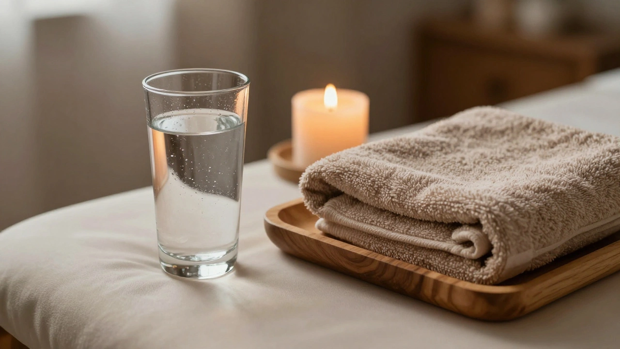 Un verre d'eau, une serviette chaude et une bougie allumée posés près d'un lit de massage.