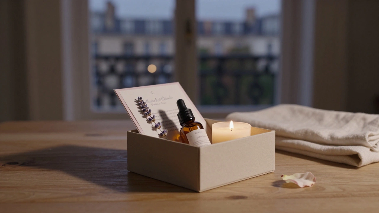Une boîte cadeau ouverte contenant une huile, un bon de massage et une bougie, sur fond de lumière douce.