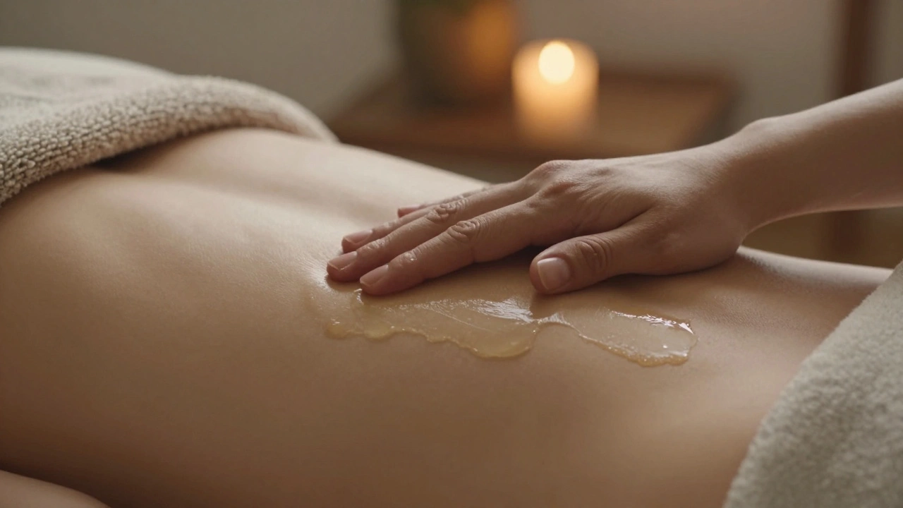 Une main massant doucement une épaule, sans montrer les visages, dans une lumière chaude et intime.