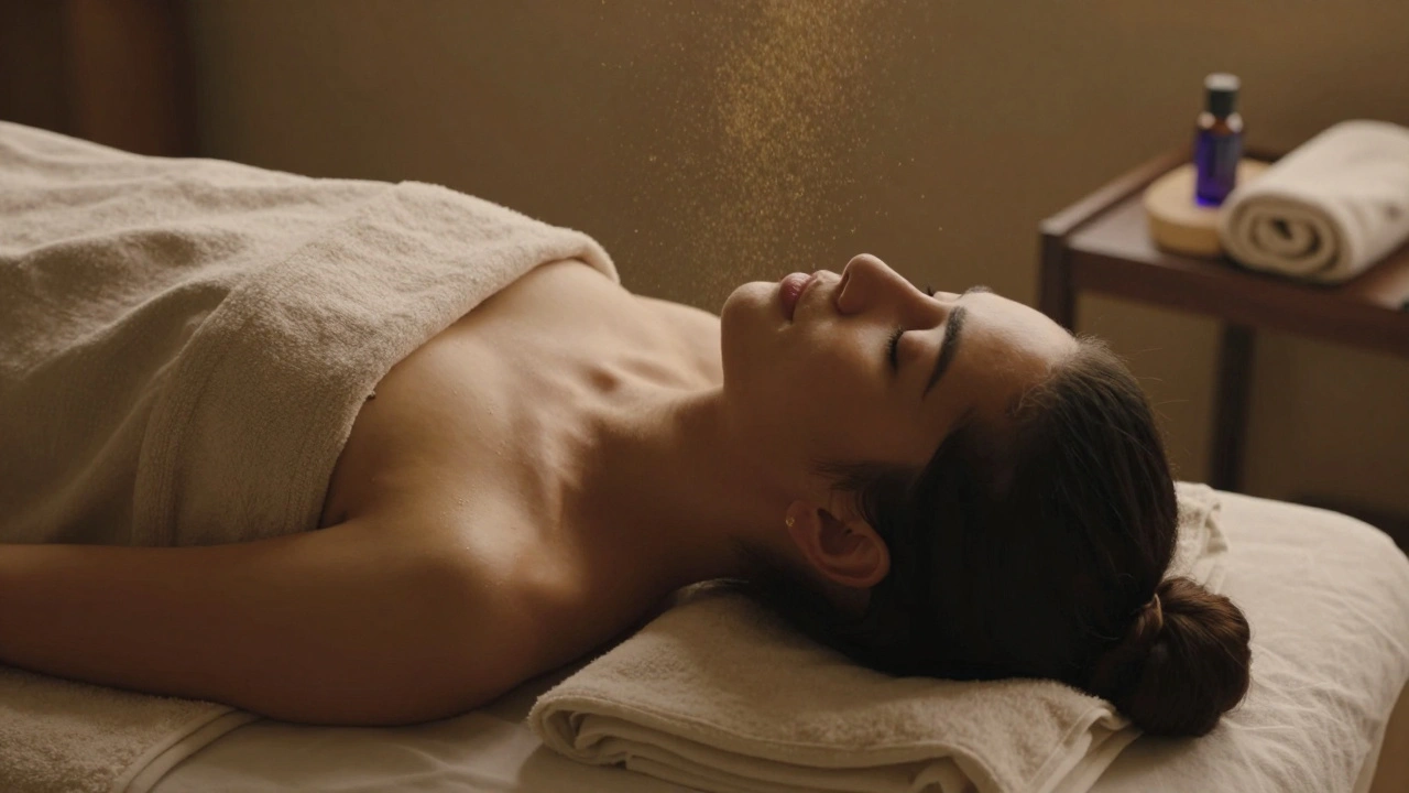 Une personne apaisée après une séance de massage, les yeux fermés, un léger sourire au visage.