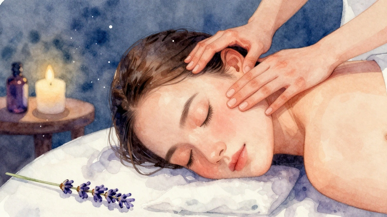 Visage détendu lors d'un massage aux tempes avec huile de lavande.