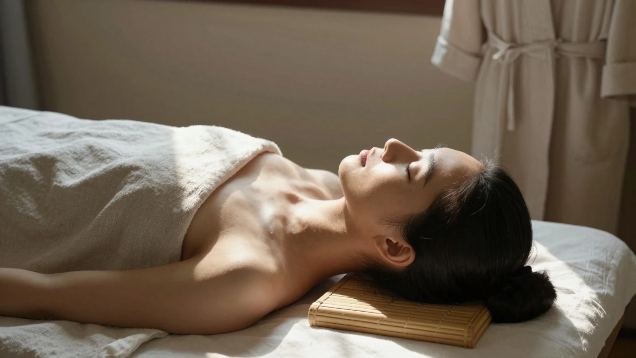 Client allongé, yeux fermés, dans une atmosphère de paix et de simplicité.