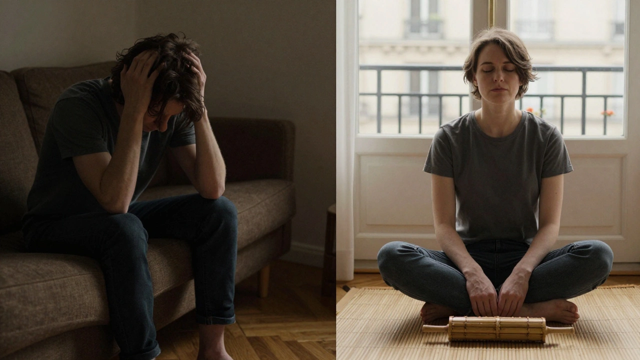 Contraste émotionnel : une personne tendue avant un massage chinois, puis apaisée après la séance à Paris.