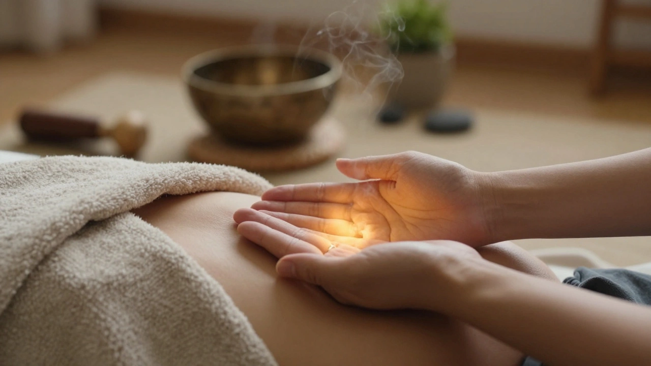 Des mains au-dessus de la poitrine, émettant une lueur subtile, avec un bol tibétain et une plante en arrière-plan flou.