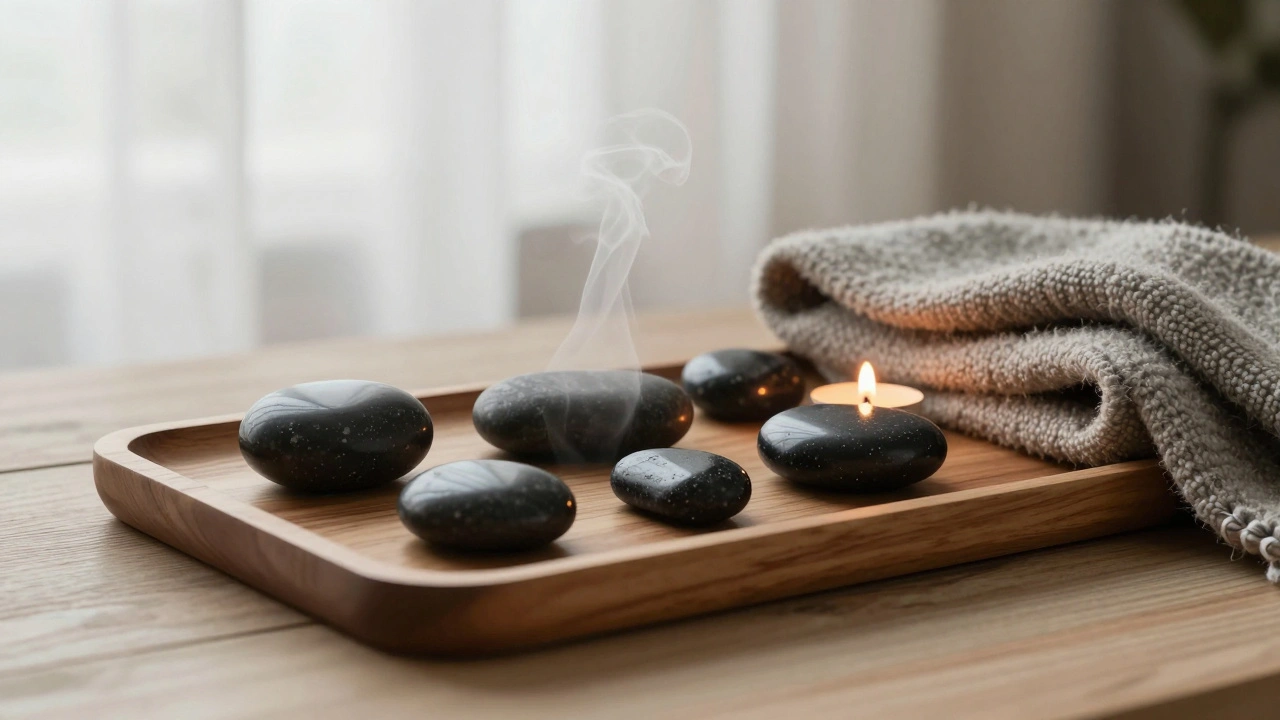 Des pierres de basalte polies sur un plateau en bois, avec une couverture en laine et une bougie allumée, dans une ambiance calme et sereine.