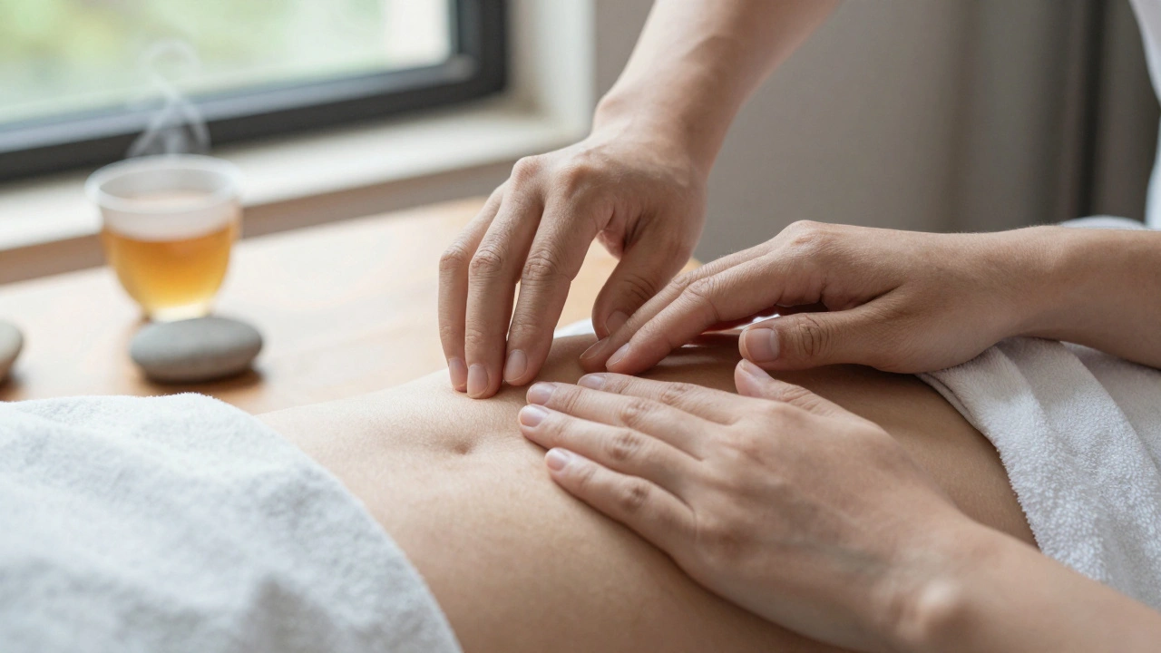 Deux mains au-dessus du ventre, lumière naturelle, pierre et tisane en arrière-plan, sans contact direct.