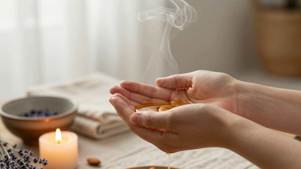 Deux mains qui versent de l'huile d'amande douce, de la vapeur s'élève doucement dans la lumière tamisée.