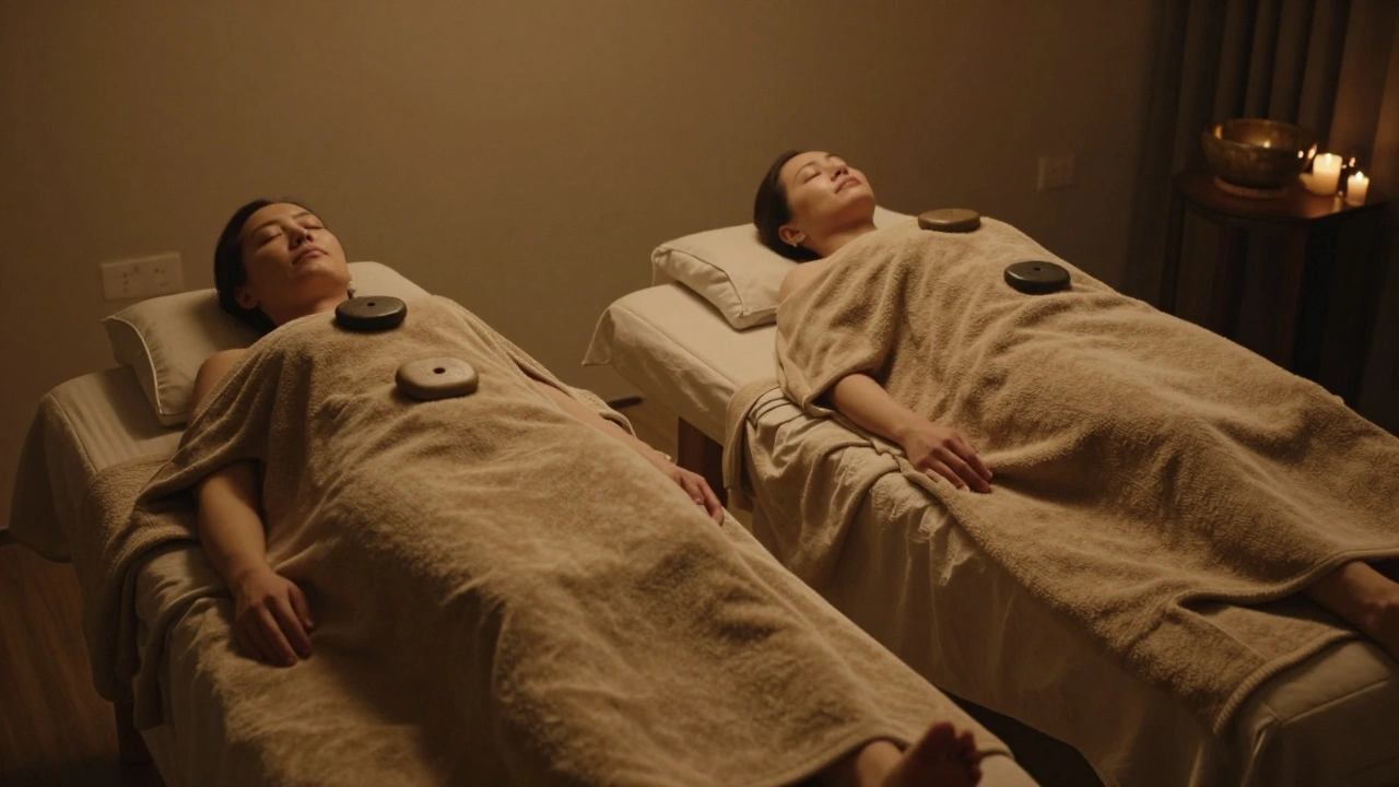 Deux personnes allongées côte à côte, recouvertes de couvertures chaudes, pendant un massage aux pierres chaudes, dans une pièce paisible.