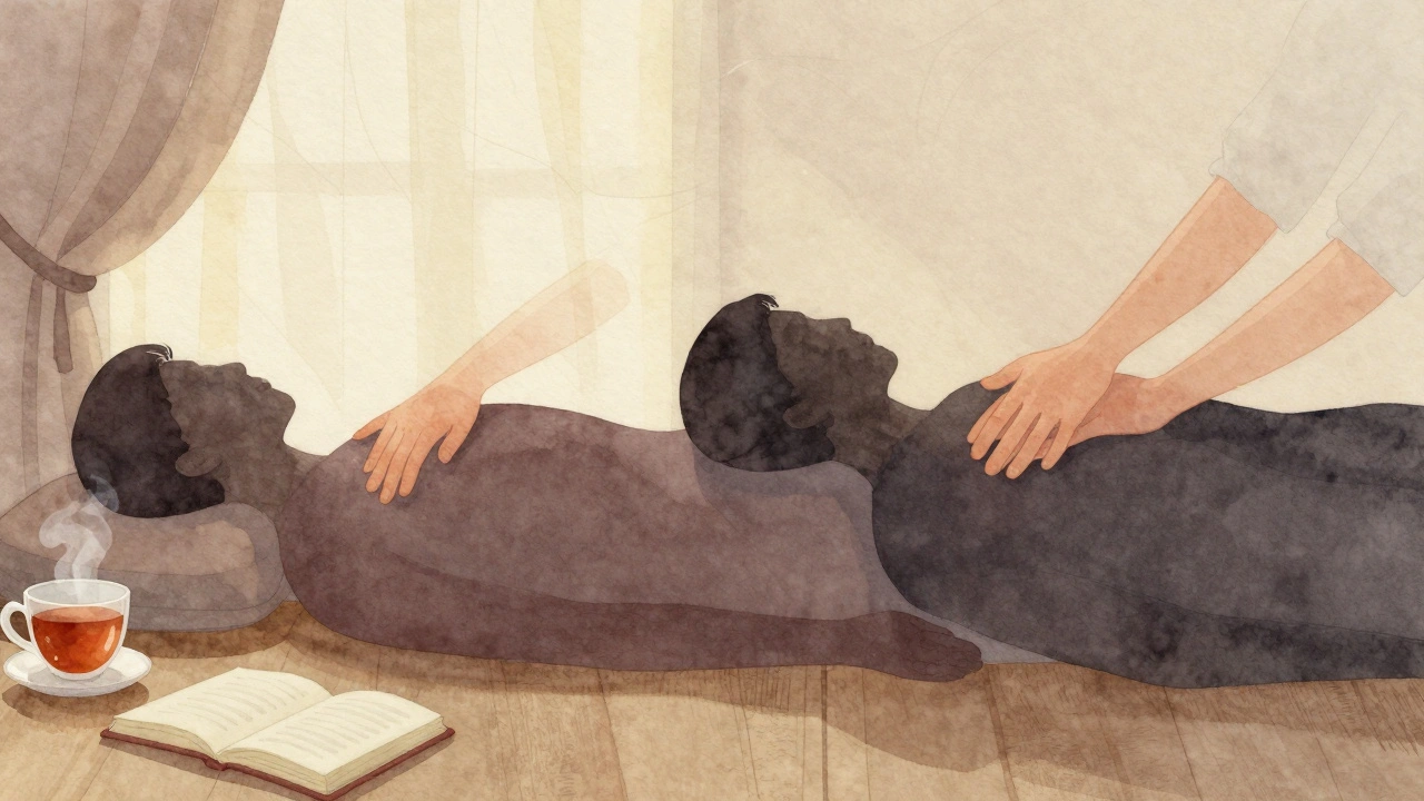 Deux silhouettes allongées côte à côte, recevant un massage léger dans un intérieur chaleureux et paisible.