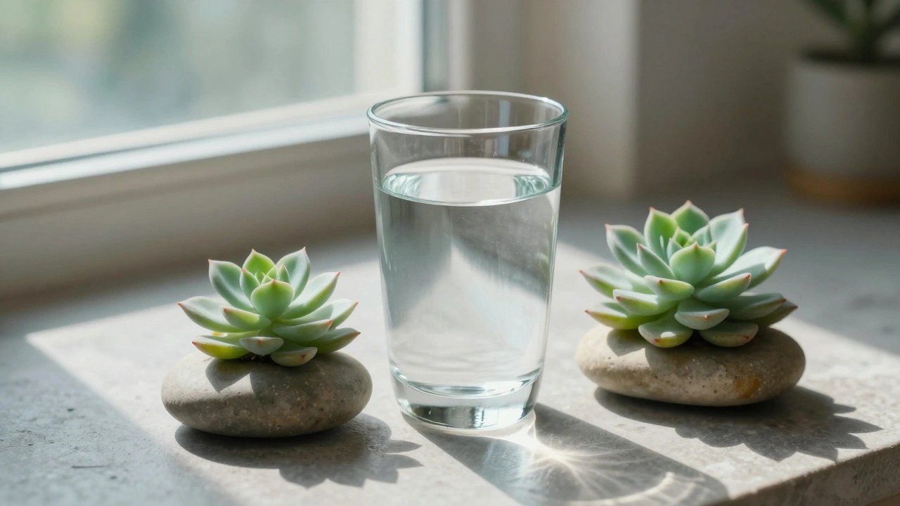Eau fraîche et plante verte illustrant la récupération et l'hydratation.
