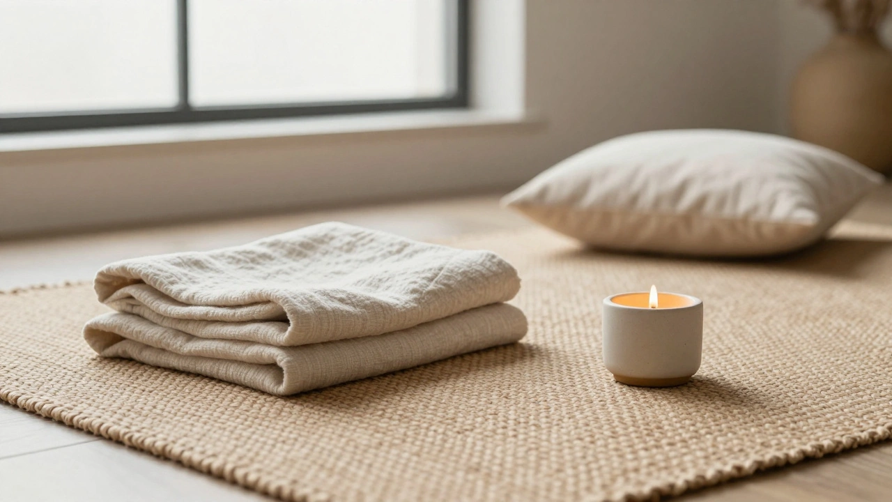 Espace paisible avec tapis, couverture, bougie et coussin, lumière naturelle et décoration minimaliste.