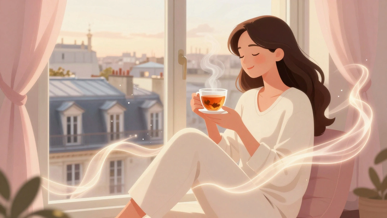 Femme détendue buvant du thé près d'une fenêtre avec vue sur les toits parisiens.