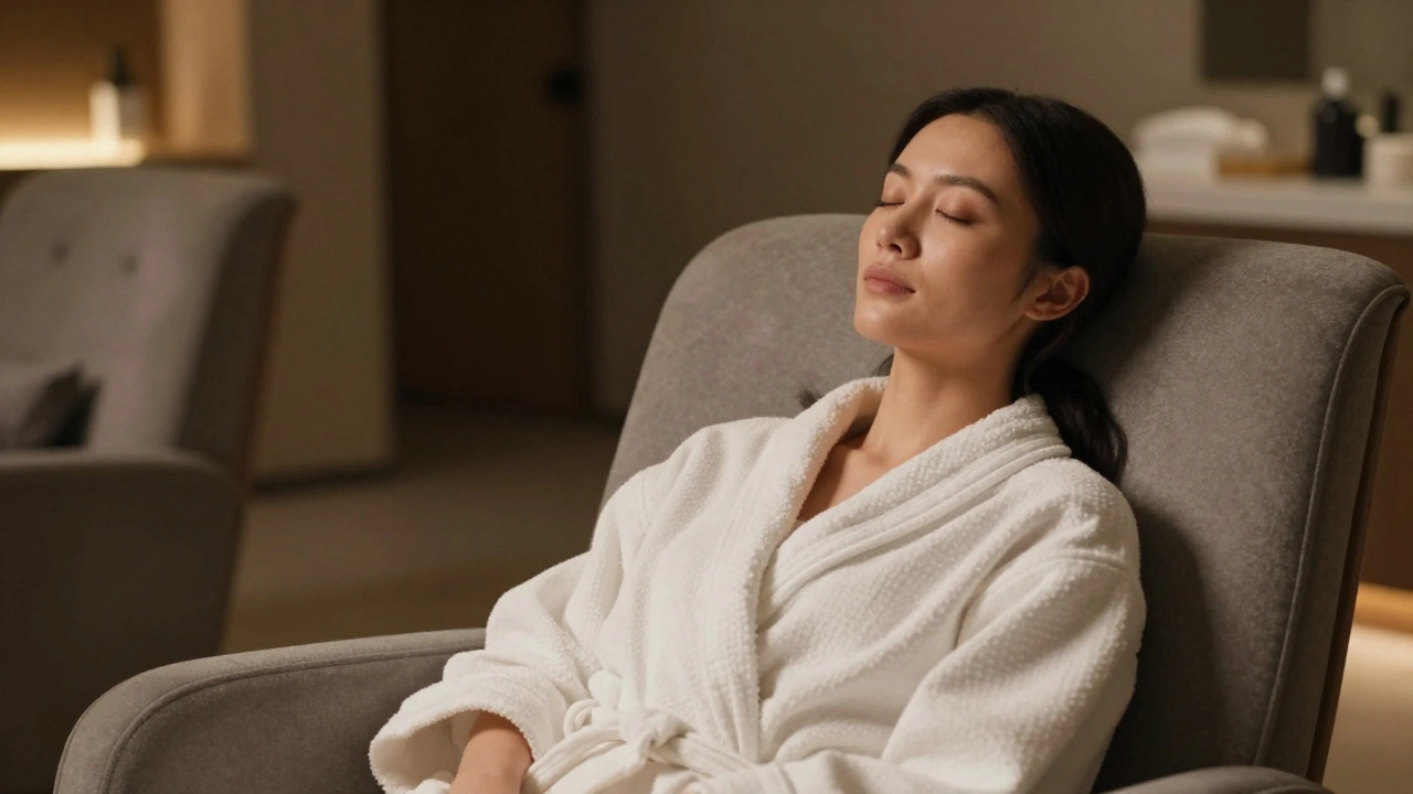 Femme en peignoir relaxant les yeux dans un salon de bien-être.