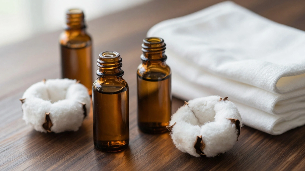 Flacons d'huiles essentielles et linge propre sur un plan en bois clair.