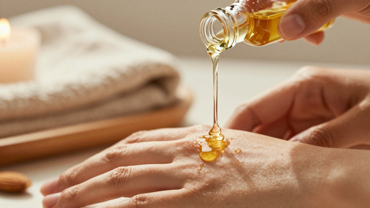 Huile d'amande douce versée sur la peau, lumière dorée, détails réalistes de la texture et des gouttes.